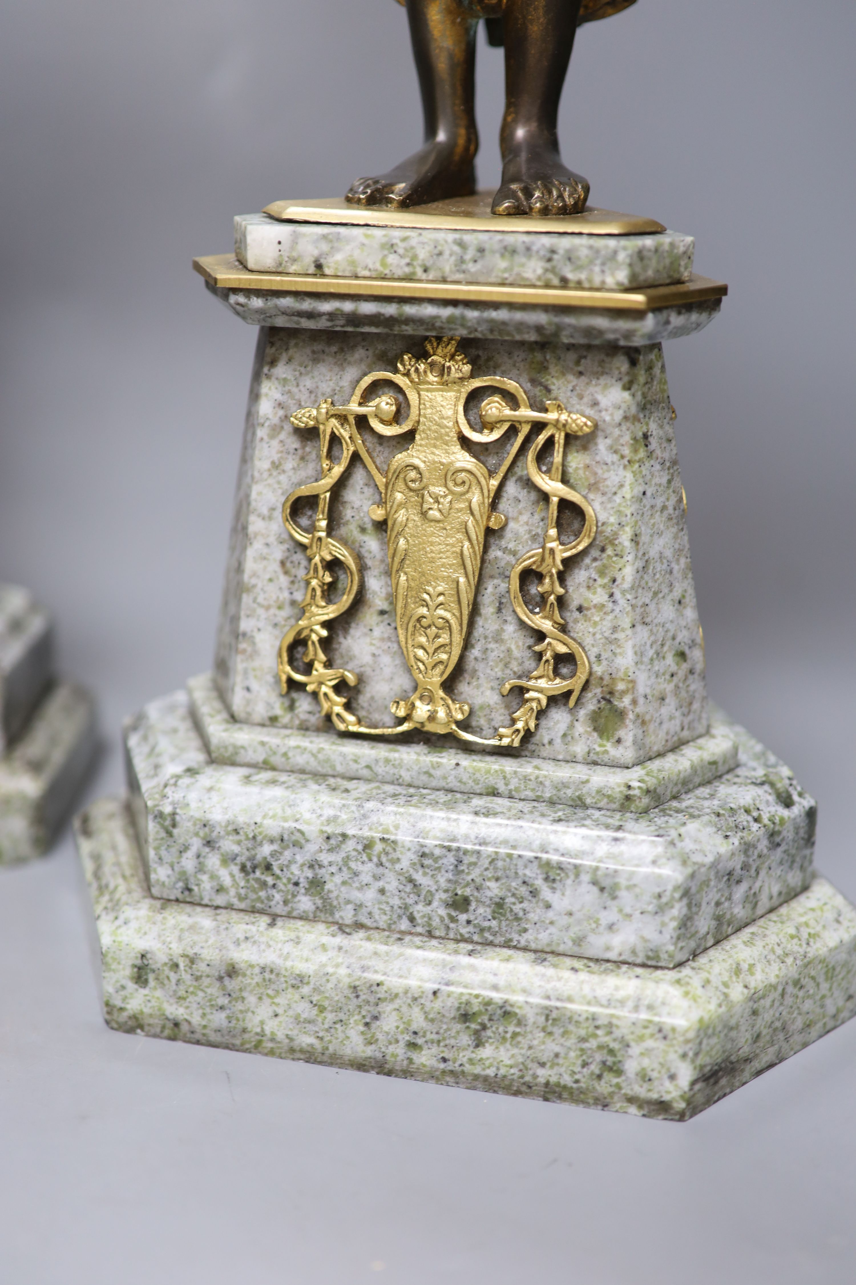 A pair of Louis XVI style gilt metal and marble figural candlesticks, height 52cm